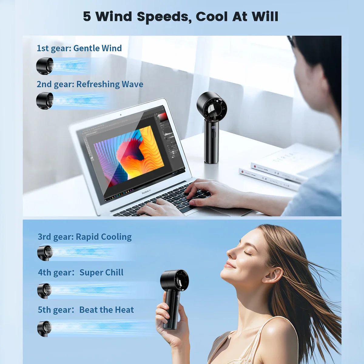 Portable Mini Hand Fan with Turbo Motor and Dual Airflow – 4000mAh Battery
