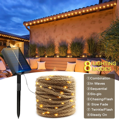 Solar String Lights | 5m Hemp Rope Design | 100-200 LED Bulbs | IP65 Rated