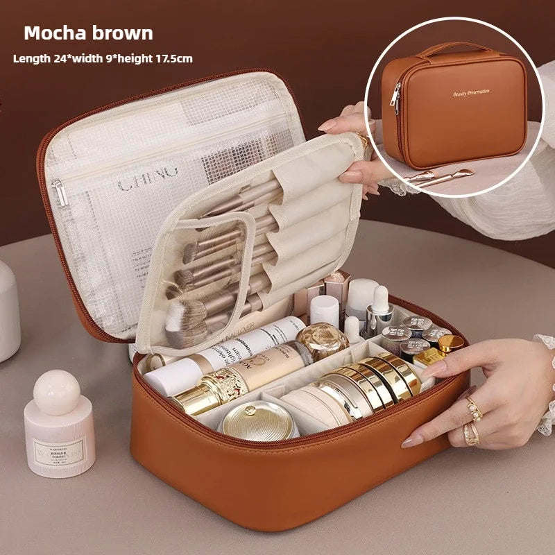 Large Waterproof Cosmetic Bag - Flexible Organizer in Rose/Black PU Leather