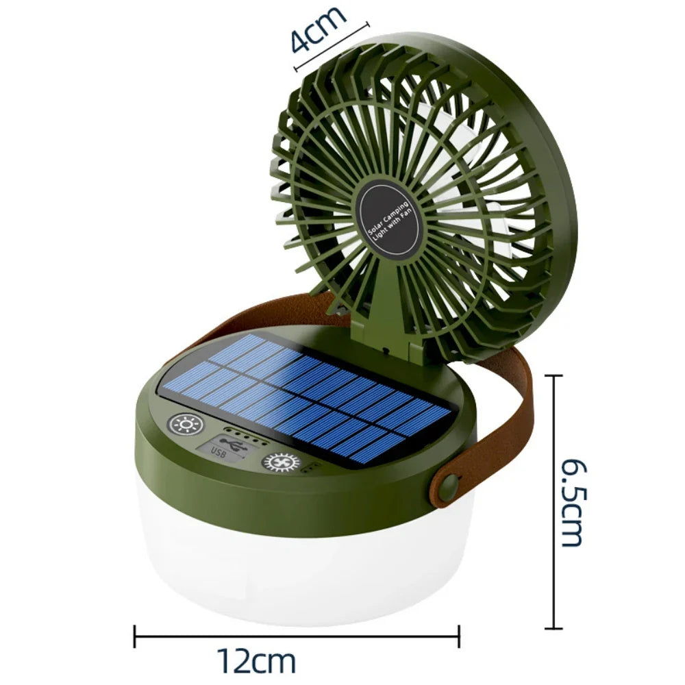 Solar-Powered Camping Light with Fan | Portable Tent Lantern with 3 Speeds