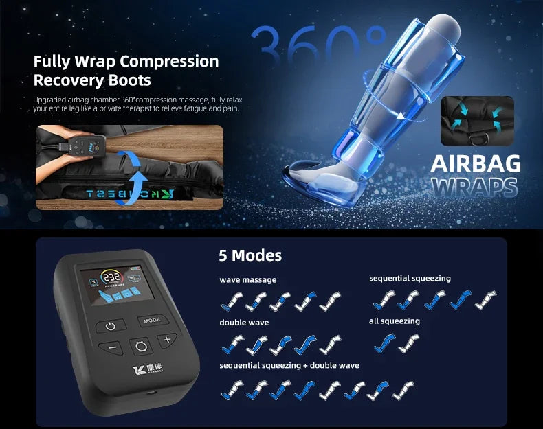 Leg Massager Boots with Air Compression – 4 Chambers, 30–240 mmHg, 5 Levels & LCD Timer