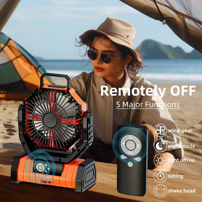 Portable 20000mAh Rechargeable Fan with LED Light & Hook for Outdoor Use