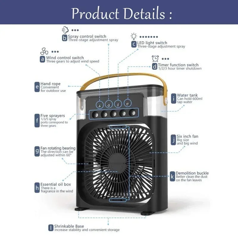 Portable 3-in-1 Air Cooler with Humidifier, Fan, and LED Night Light
