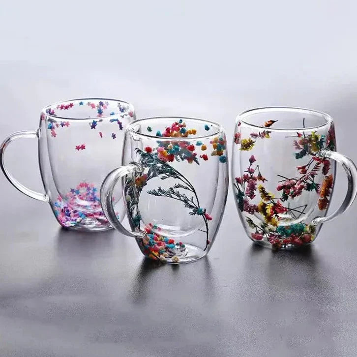 Set of 2 Floral Infused Double-Wall Glass Mugs