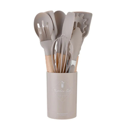 Silicone Cooking Utensils Set - 12 Pieces with Wooden Handles
