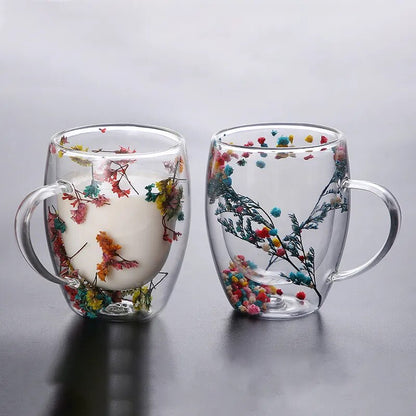 Set of 2 Floral Infused Double-Wall Glass Mugs