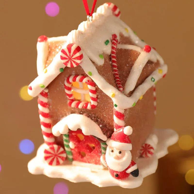Handmade LED Gingerbread House Ornament – Illuminated Christmas Decor with Santa, Snowman, and Candy Canes