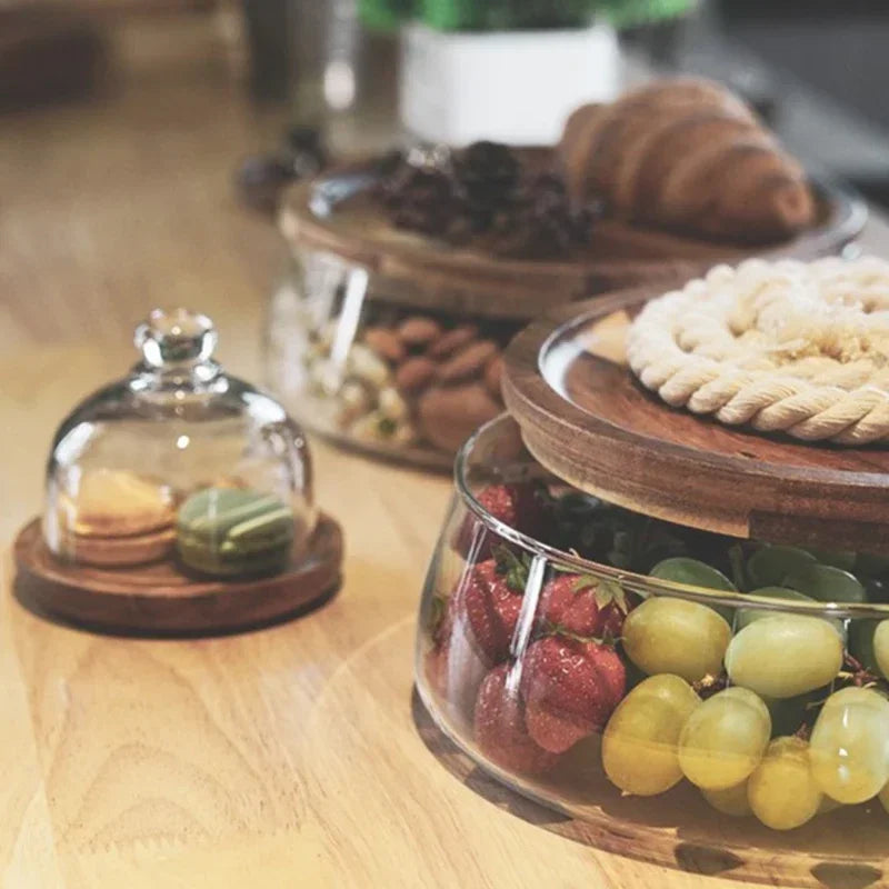 Glass and Acacia Wood Multi-Tier Serving Stand with Lid for Snacks