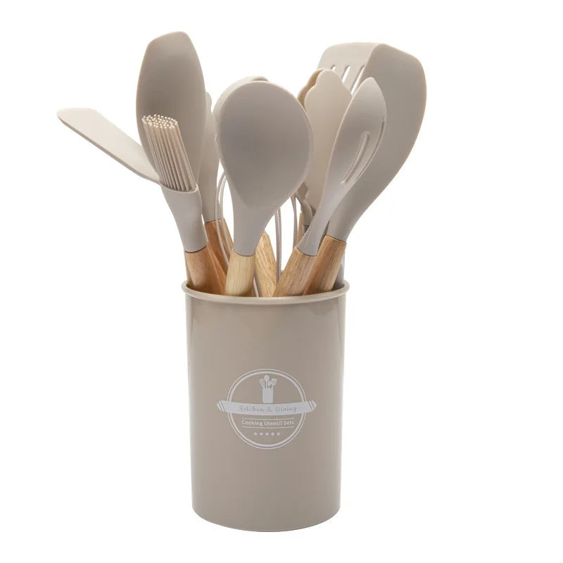 Kitchen Utensil Set - 12-Piece Silicone with Wooden Handle for Cooking, Frying & Serving