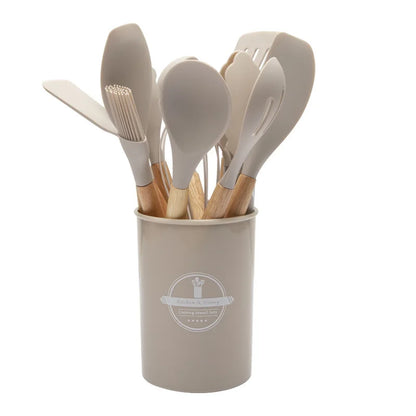 Kitchen Utensil Set - 12-Piece Silicone with Wooden Handle for Cooking, Frying & Serving