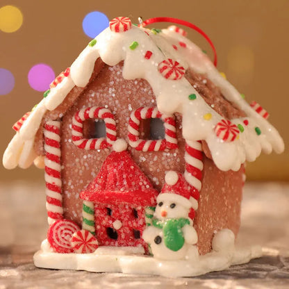 Handmade LED Gingerbread House Ornament – Illuminated Christmas Decor with Santa, Snowman, and Candy Canes