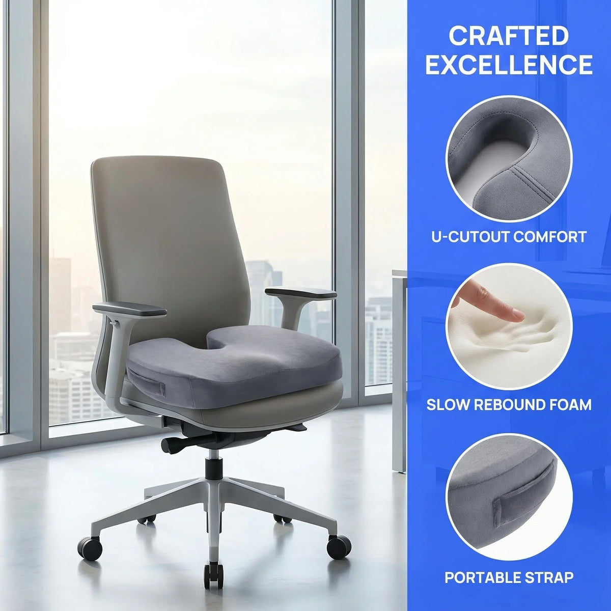 Memory Foam Seat Cushion with Cooling Gel | Office Chair Pillow for Coccyx with Non-Slip Base and Breathable Cover