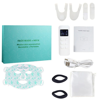 LED Face and Neck Mask with 8 Colors, 480 Lights, Rechargeable Battery, Silicone Design & Timer Options of 10/20/30 Minutes