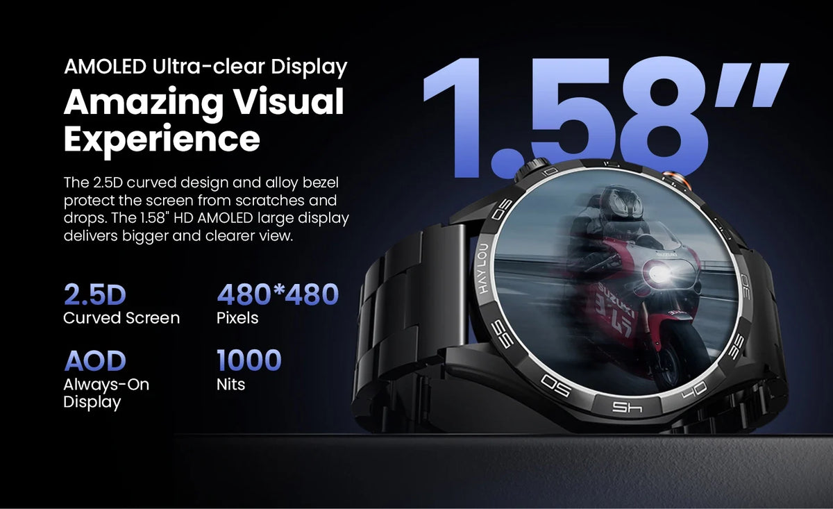 Smartwatch with 1.58" AMOLED Screen, Bluetooth Calling, 100+ Sports Modes & 24-Hour Health Tracking