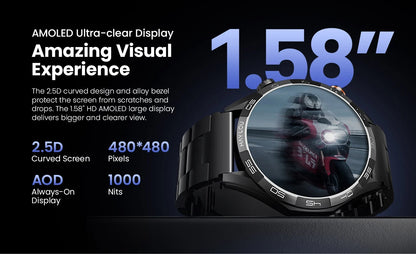 Smartwatch with 1.58" AMOLED Screen, Bluetooth Calling, 100+ Sports Modes & 24-Hour Health Tracking