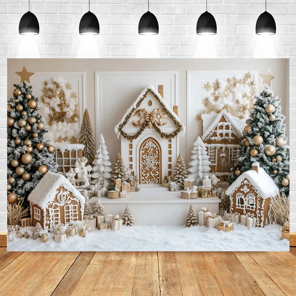 Christmas Photo Backdrop - Miniature House and Tree for Family & Kids Portraits - Vinyl/Polyester/Fleece - 300×200 cm