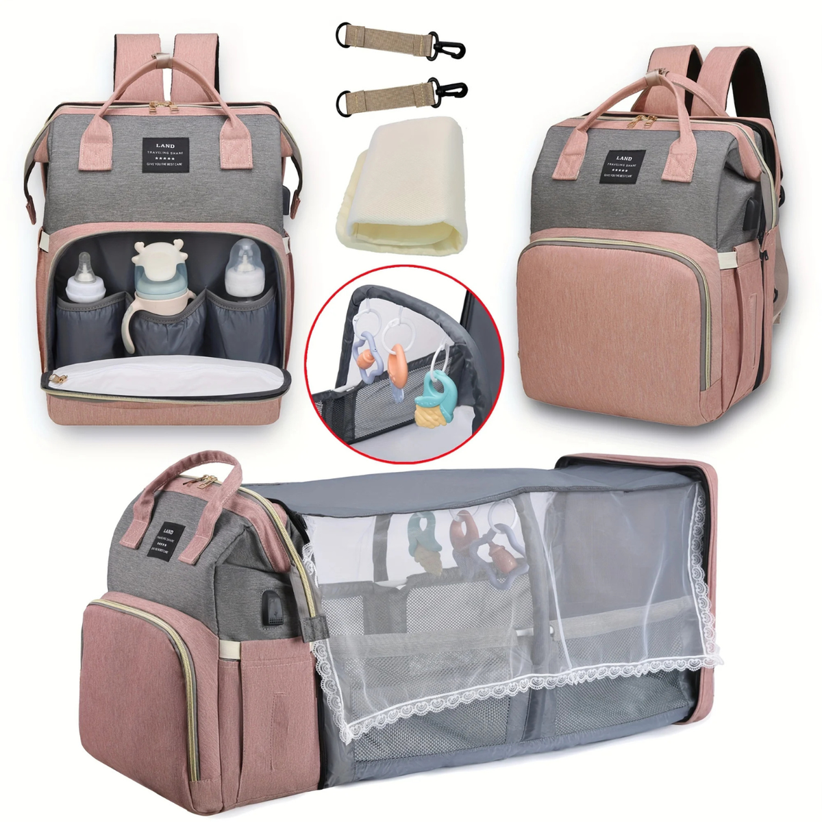 Travel Crib and Stroller Included in Convertible Diaper Bag
