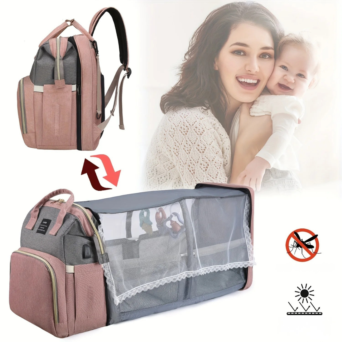 Travel Crib and Stroller Included in Convertible Diaper Bag