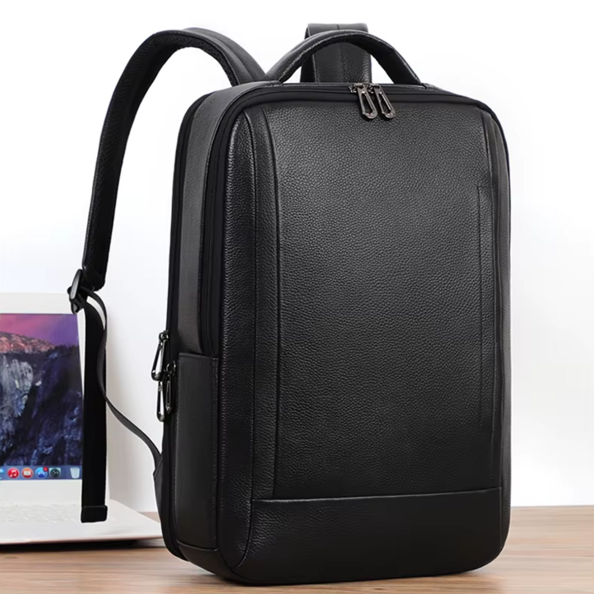 Vintage Style Leather Backpack for Laptops with USB Charging Port