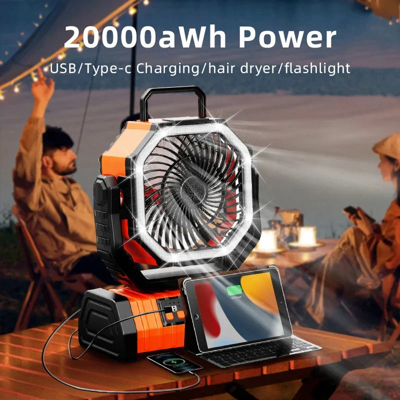 Portable 20000mAh Rechargeable Fan with LED Light & Hook for Outdoor Use