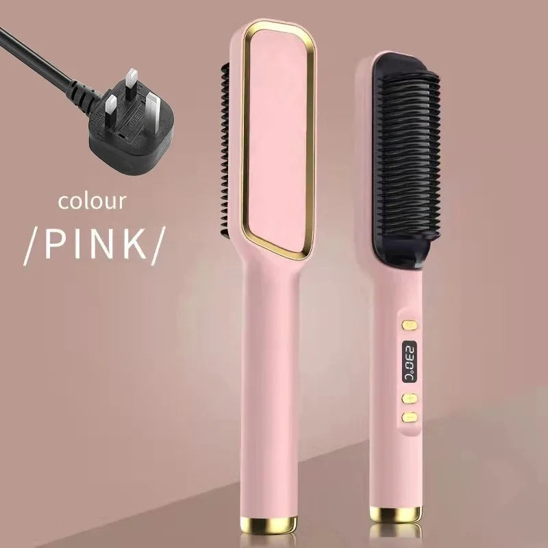 Hair Straightening Brush with LED Temperature Display & Anti-Scald Protection | 360° Rotating Cable