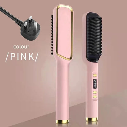 Hair Straightening Brush with LED Temperature Display & Anti-Scald Protection | 360° Rotating Cable