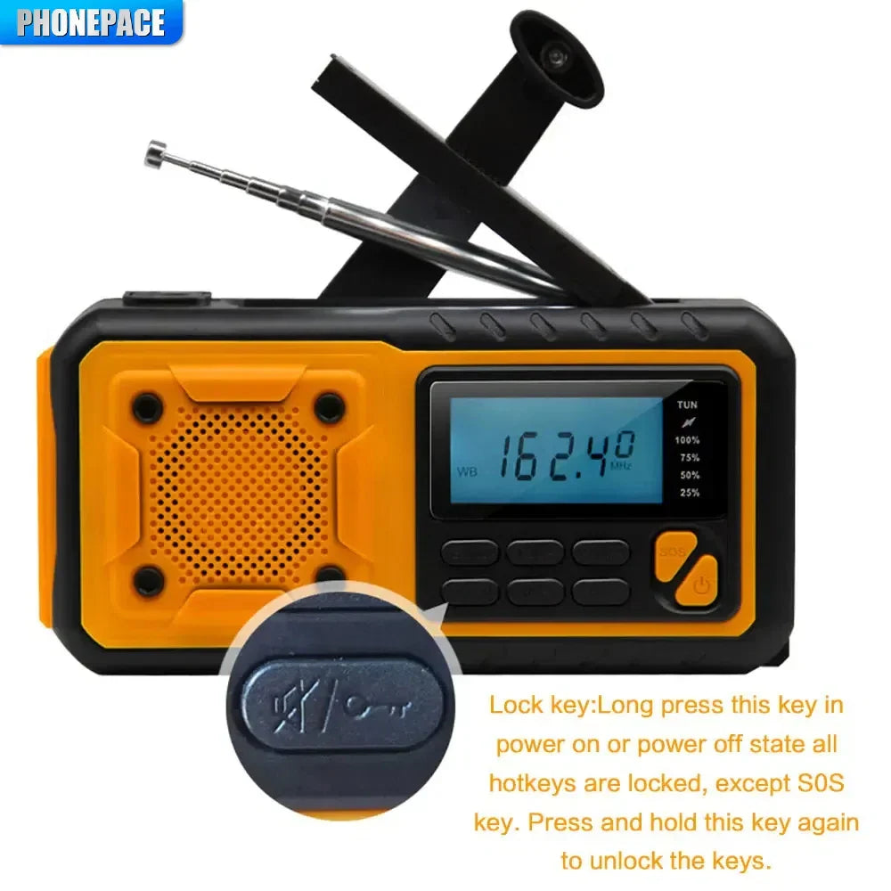 4-in-1 Emergency Solar Radio with SOS Alarm, LED Light & Power Bank – USB, Hand Crank & Solar Charging