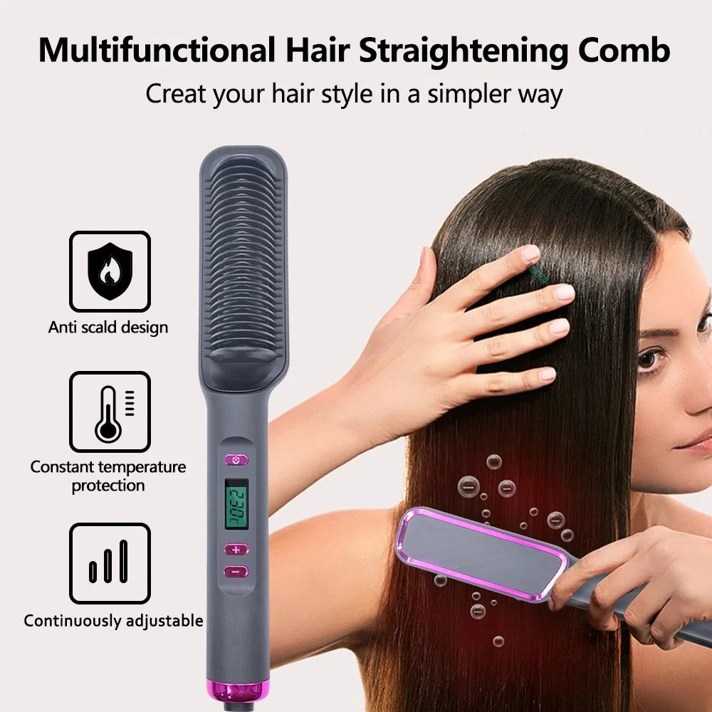 Hair Straightening Brush with LED Temperature Display & Anti-Scald Protection | 360° Rotating Cable