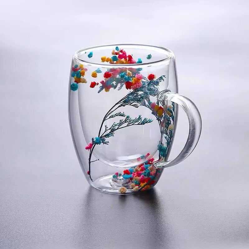 Set of 2 Floral Infused Double-Wall Glass Mugs