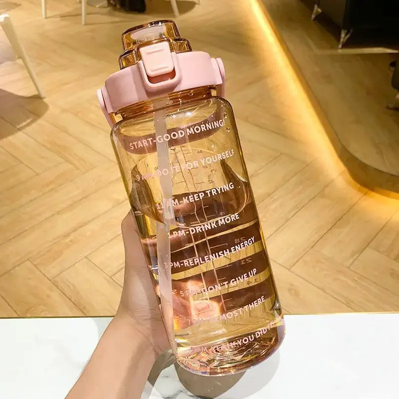 2L BPA-Free Water Bottle with Time Markers & Straw – 68oz Leakproof Hydration Tracker for Gym, Office, Travel