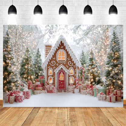 Christmas Photo Background - Snowy Landscape & Gingerbread House - Family & Kids Photo Shoot Decor - Polyester/Vinyl - 300×200 cm