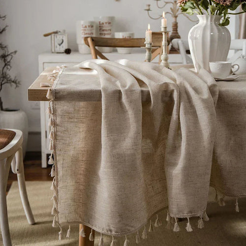 Cotton-Linen Rectangular Tablecloth with Tassels for Dining & Coffee Tables
