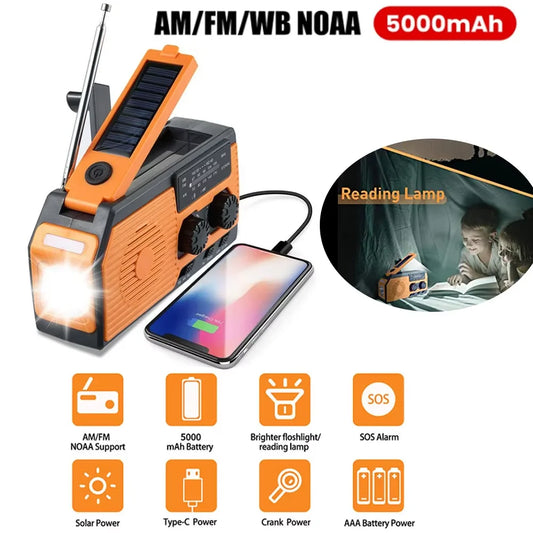 4-in-1 Emergency Solar Radio with SOS Alarm, LED Light & Power Bank – USB, Hand Crank & Solar Charging