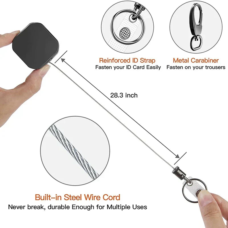 Retractable Keychain with Steel Cord and Metal Carabiner – 71.8 cm Safety Reel