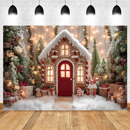 Christmas Photo Background - Snowy Landscape & Gingerbread House - Family & Kids Photo Shoot Decor - Polyester/Vinyl - 300×200 cm