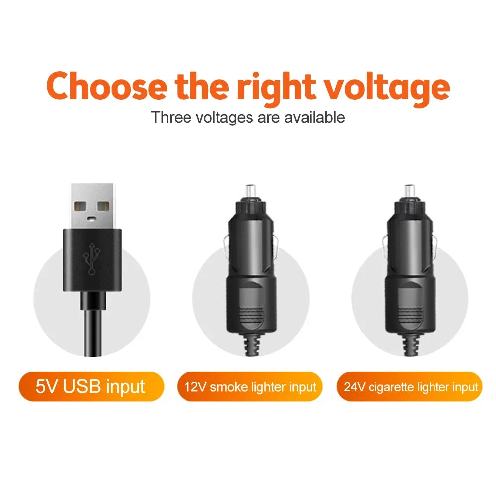 Automotive Electric Fan - 3-Head 360° Adjustable USB/12V/24V - Quiet Cooling for Home, Office & Car - 2 Speed Settings