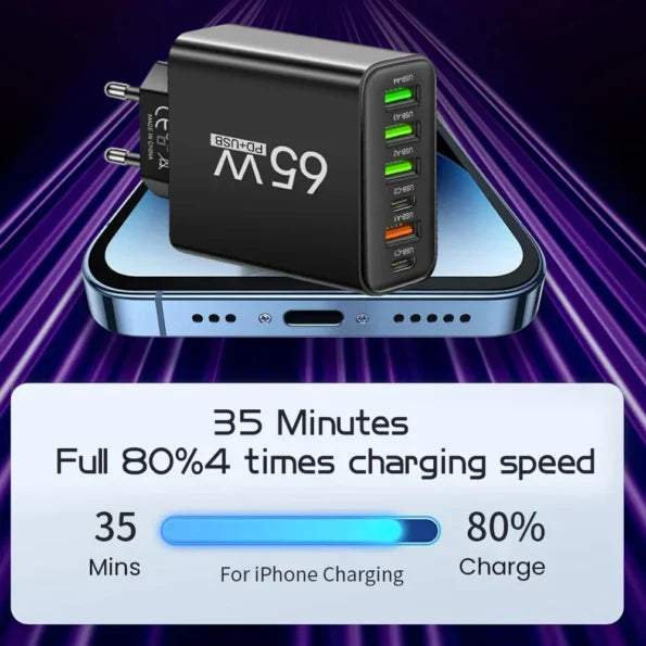 65W 6-in-1 Fast Charger – Charge Up to 6 Devices Simultaneously – Perfect for Home, Office, and Travel