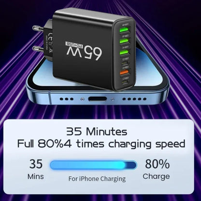 65W 6-in-1 Fast Charger – Charge Up to 6 Devices Simultaneously – Perfect for Home, Office, and Travel