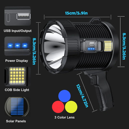 1000X Flashlight – 900,000 Lumens, Solar & USB, Side Light & Power Bank