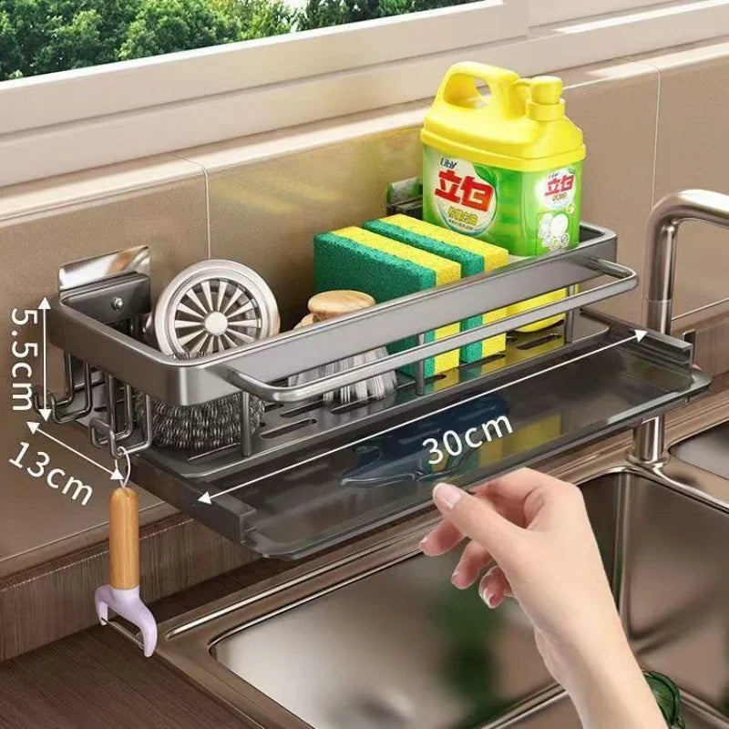 Self-Emptying Sink Shelf in Aluminum – No Drilling Kitchen Organizer