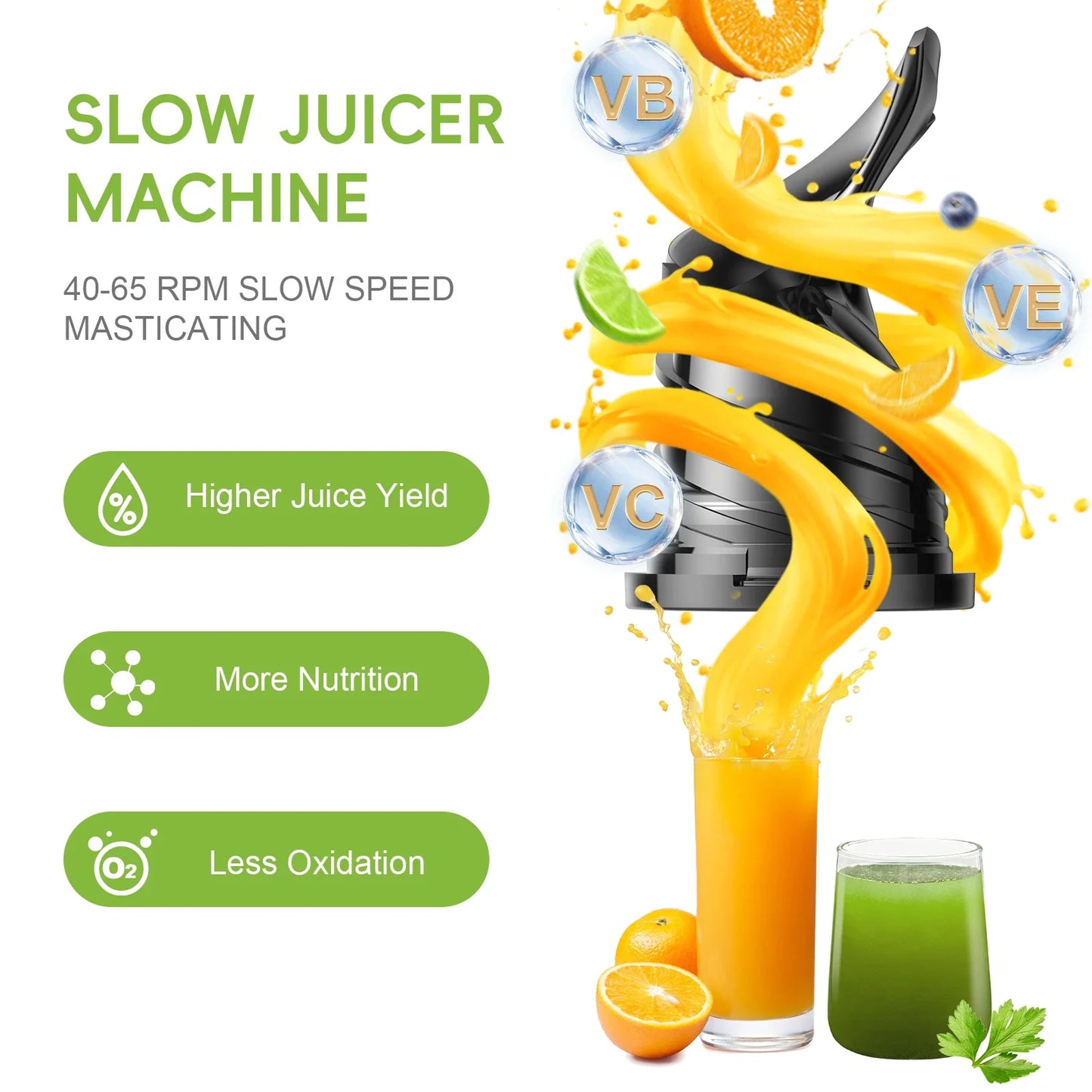 Slow Masticating Juicer with Wide Chute, Quiet Motor & Easy Clean Plug