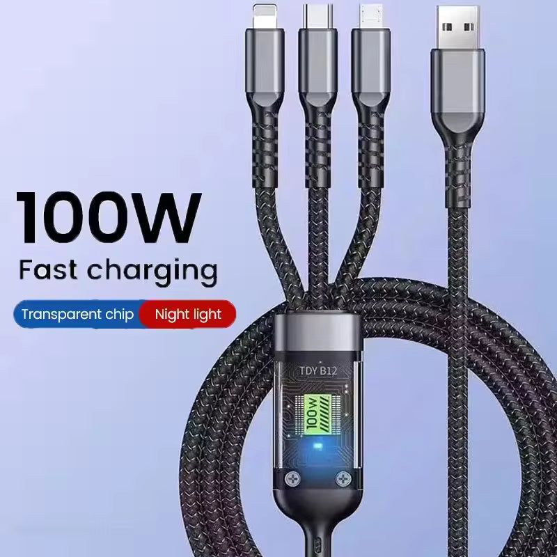 Versatile 3-in-1 Charging Cable with LED | 1.2m Length | Multi-Device Compatibility