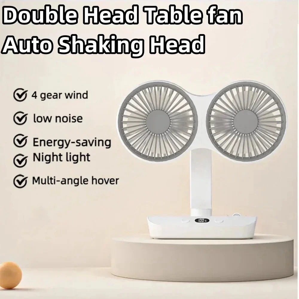 Portable Night Lamp with Adjustable Double-Head Table Fan