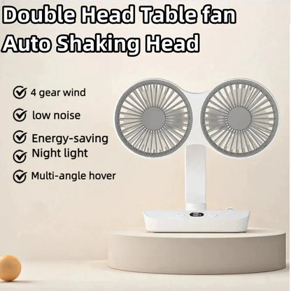 Portable Night Lamp with Adjustable Double-Head Table Fan
