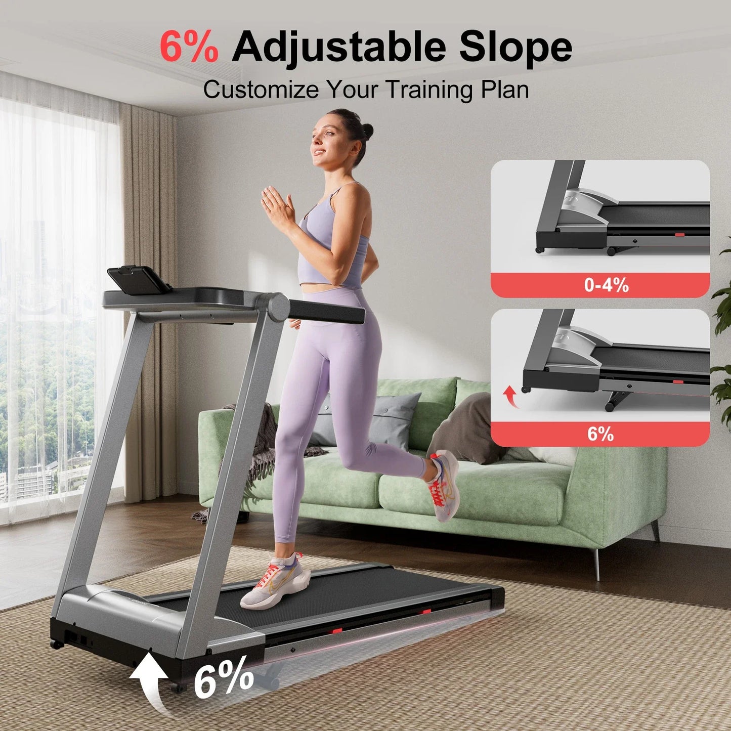 Compact Treadmill with 3.5HP Motor, 6% Incline, 350 lb Capacity, Bluetooth, 0.6–10 MPH, 7.9-Inch Folded Height