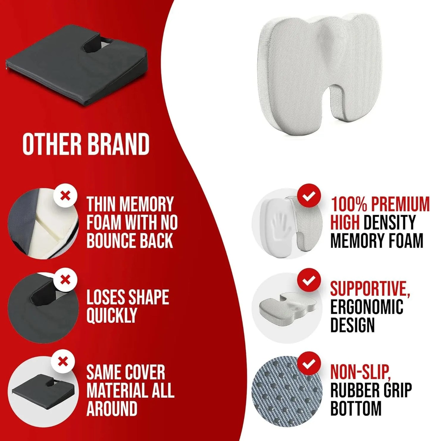 Ergonomic Seat Cushion with U-Shaped Cutout | Memory Foam Office Pillow with Washable Cover
