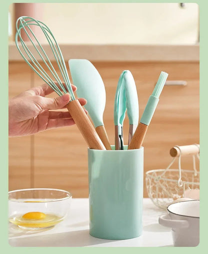 Silicone Cooking Utensils Set - 12 Pieces with Wooden Handles