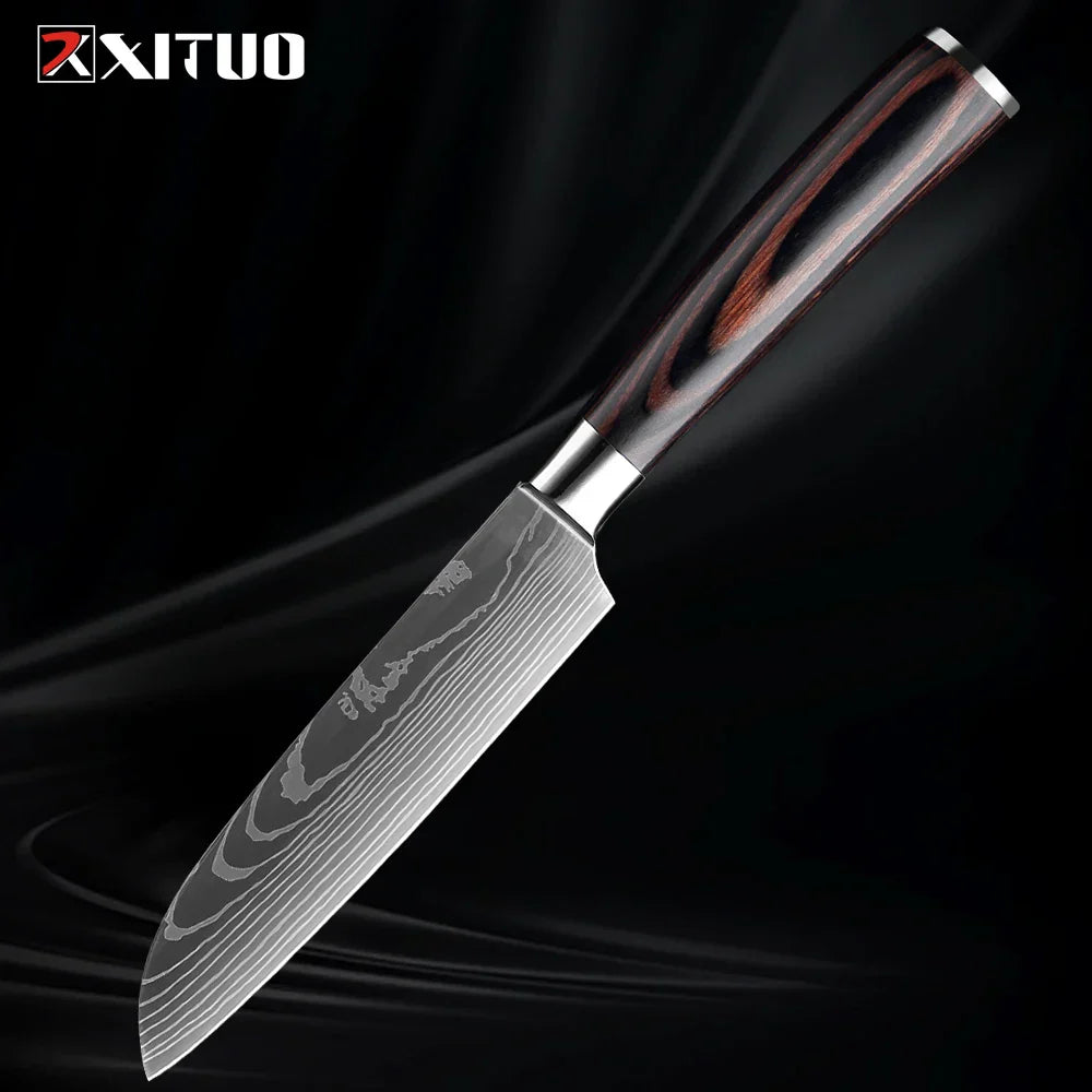 Kitchen Knife Collection - 1-9 Pieces Stainless Steel Chef, Santoku & Fruit Knives with Ergonomic Pakkawood Grip