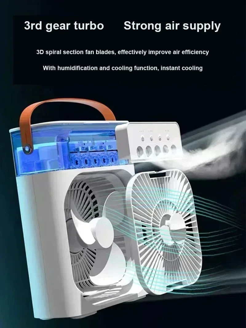 Portable 3-in-1 Air Conditioner Fan – Mini Cooler with LED Light, Humidifier, Adjustable Air for Home & Office
