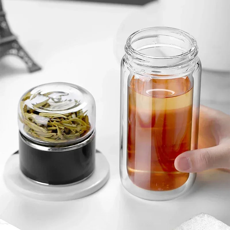 Double-Walled Borosilicate Glass Tea Infuser Tumbler with Stainless Steel Filter – 14oz Leakproof Travel Bottle with Sleeve for Hot and Cold Beverages